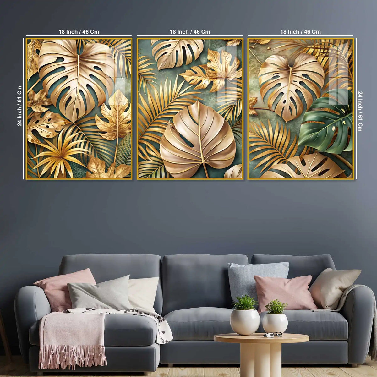 Gilded Monstera Collection Acrylic Floating Frame Wall Painting Set of 3