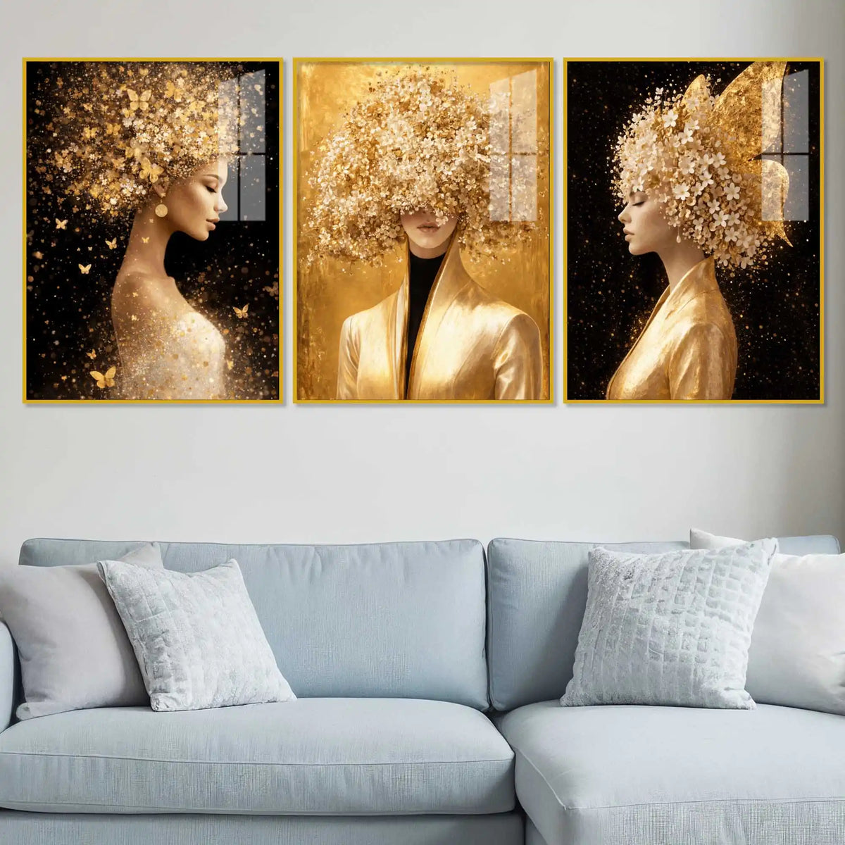 Glamorous Floral Woman Floating Acrylic Wall Painting Set of 3