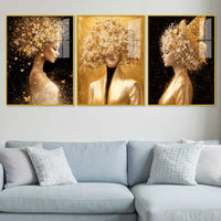 Glamorous Floral Woman Floating Acrylic Wall Painting Set of 3