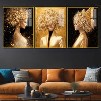 Glamorous Floral Woman Floating Acrylic Wall Painting Set of 3