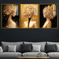 Glamorous Floral Woman Floating Acrylic Wall Painting Set of 3