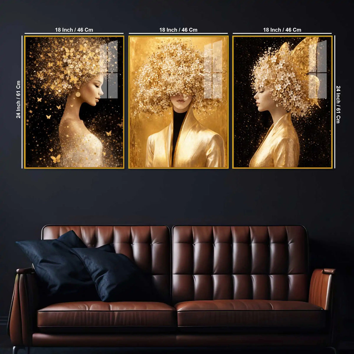 Glamorous Floral Woman Floating Acrylic Wall Painting Set of 3