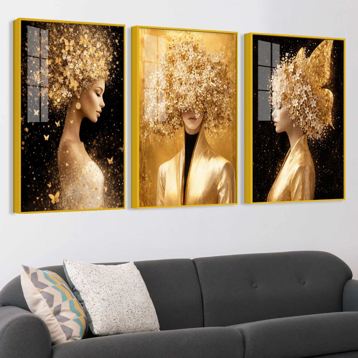 Glamorous Floral Woman Floating Acrylic Wall Painting Set of 3