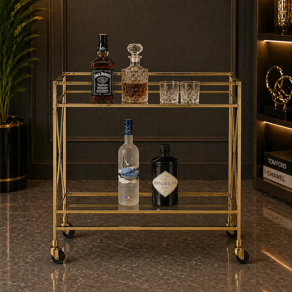 Glamorous Two-Tier Gold Bar Cart Drinks Trolley