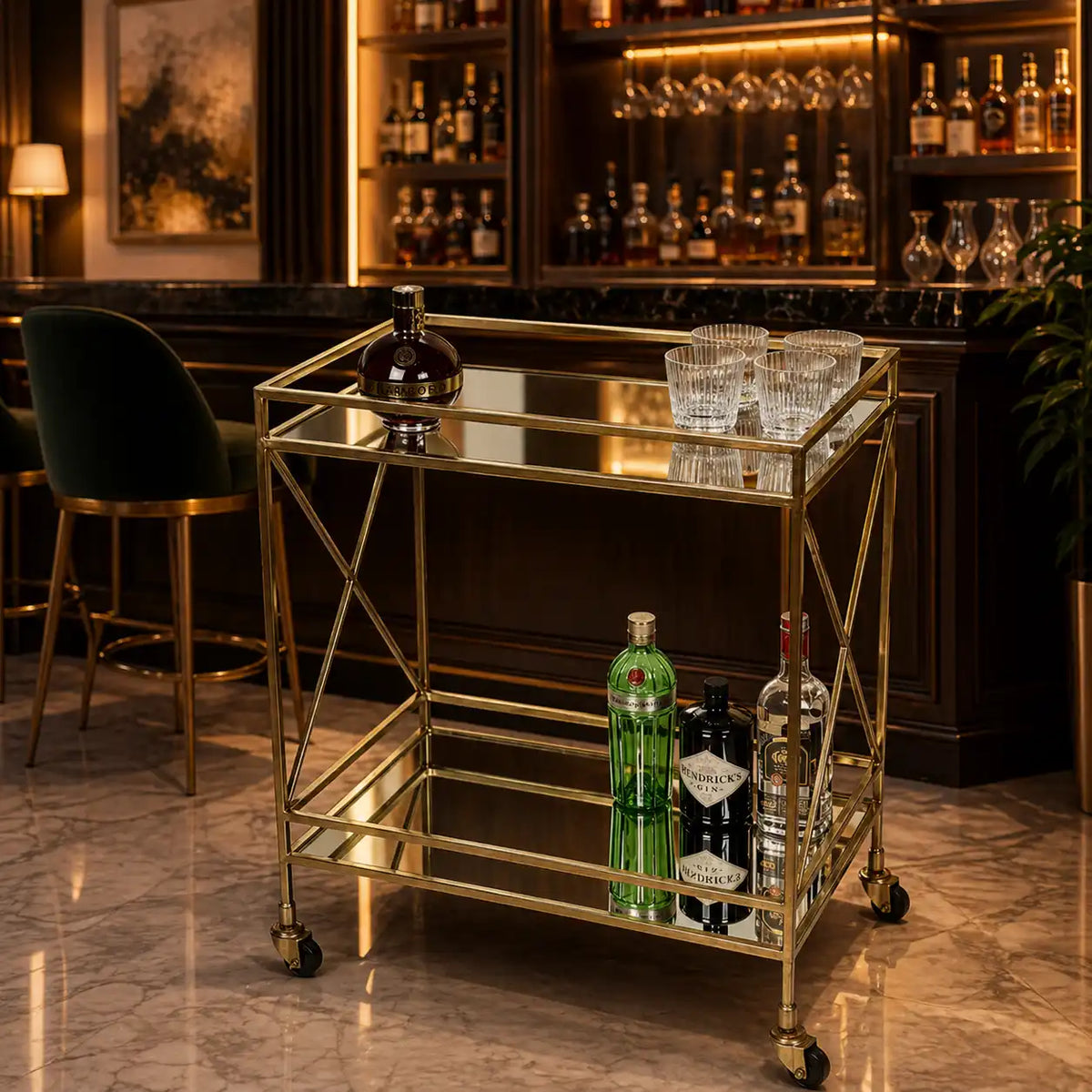 Glamorous Two-Tier Gold Bar Cart Drinks Trolley