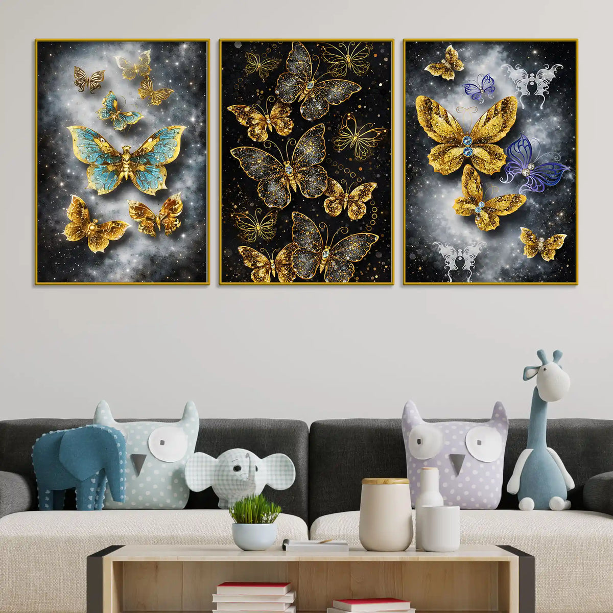 Glittering Butterflies In Cosmic Galaxy Floating Frame Crystal Wall Painting Set of 3