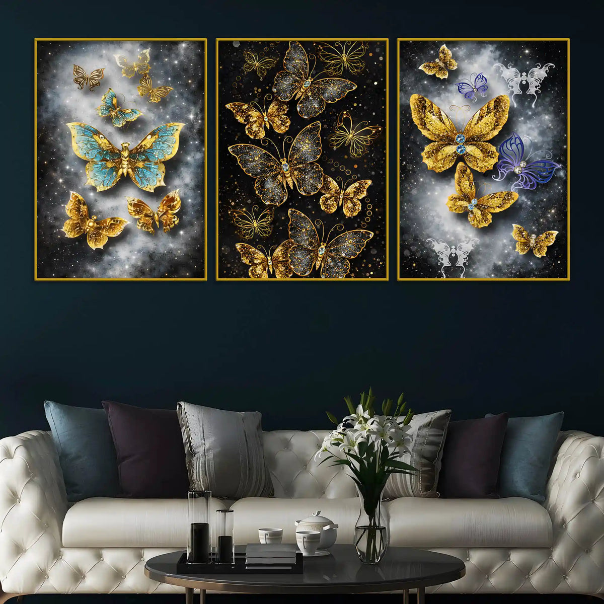Glittering Butterflies In Cosmic Galaxy Floating Frame Crystal Wall Painting Set of 3