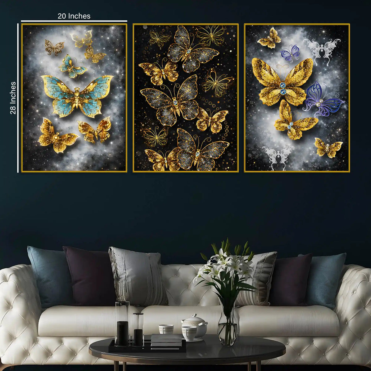 Glittering Butterflies In Cosmic Galaxy Floating Frame Crystal Wall Painting Set of 3