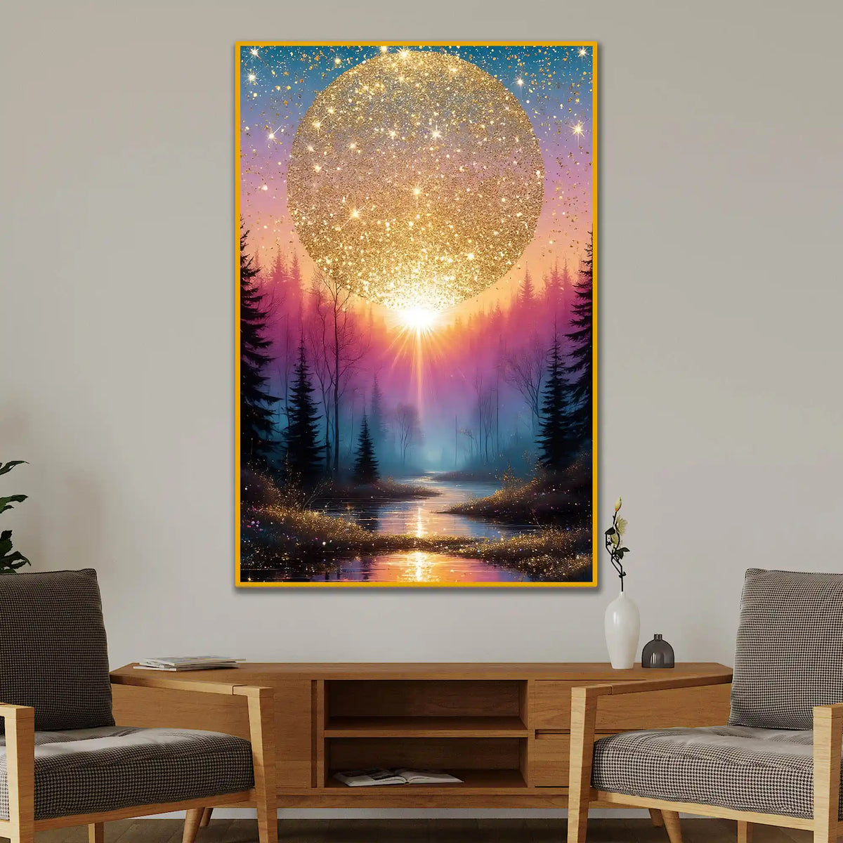 Glittering Sun Over Forest Floating Frame Crystal Wall Painting