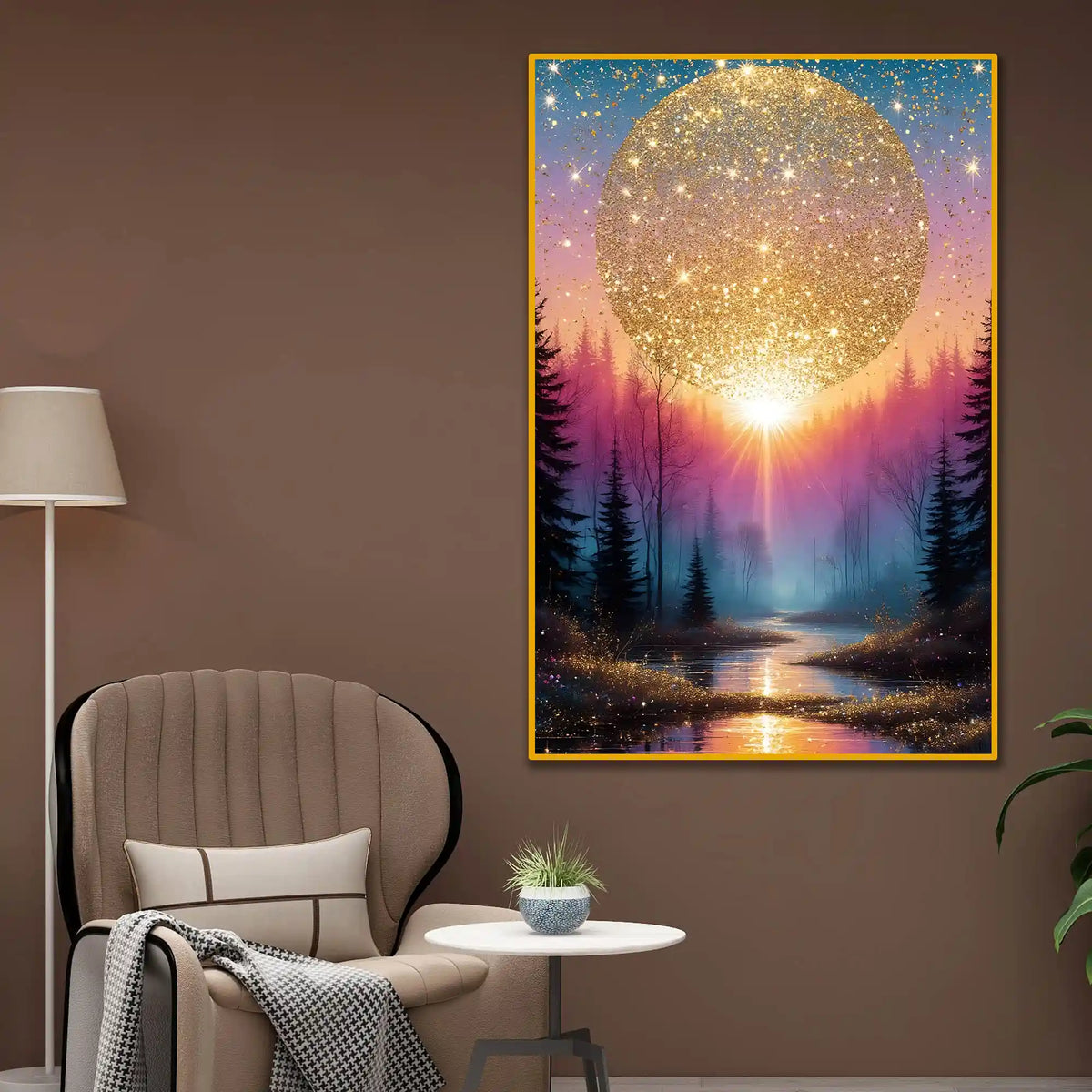 Glittering Sun Over Forest Floating Frame Crystal Wall Painting