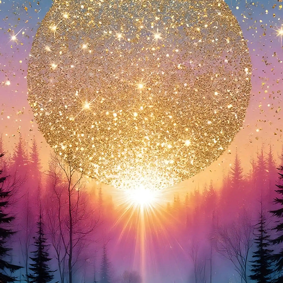 Glittering Sun Over Forest Floating Frame Crystal Wall Painting