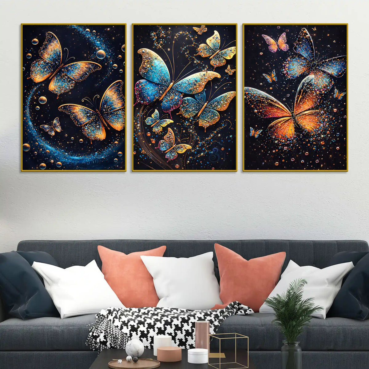 Glittery Cosmic Butterfly In Galaxy Floating Frame Crystal Wall Painting Set of 3