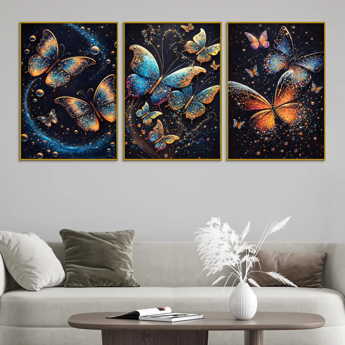 Glittery Cosmic Butterfly In Galaxy Floating Frame Crystal Wall Painting Set of 3