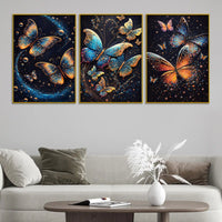 Glittery Cosmic Butterfly In Galaxy Floating Frame Crystal Wall Painting Set of 3