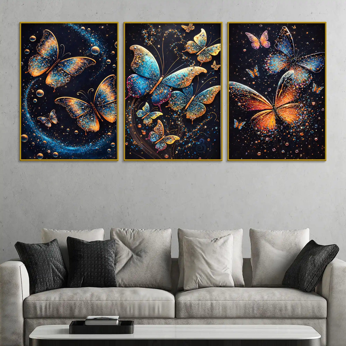 Glittery Cosmic Butterfly In Galaxy Floating Frame Crystal Wall Painting Set of 3