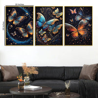 Glittery Cosmic Butterfly In Galaxy Floating Frame Crystal Wall Painting Set of 3