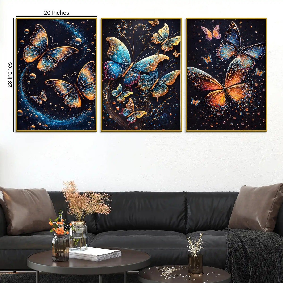 Glittery Cosmic Butterfly In Galaxy Floating Frame Crystal Wall Painting Set of 3
