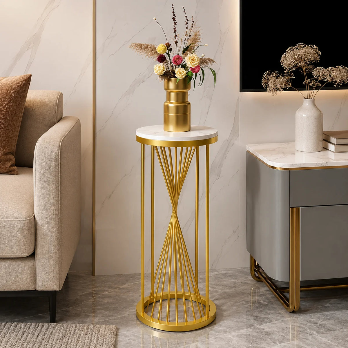 Gold Decorative Pedestal Table for Plants, Vases & Home Styling