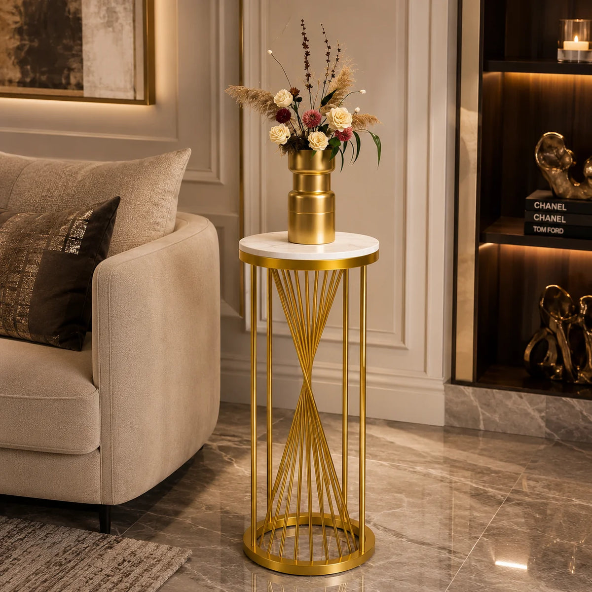 Gold Decorative Pedestal Table for Plants, Vases & Home Styling