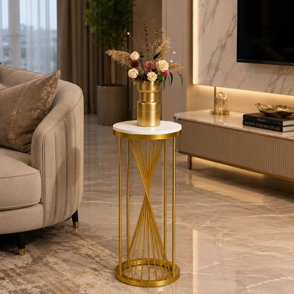 Gold Decorative Pedestal Table for Plants, Vases & Home Styling