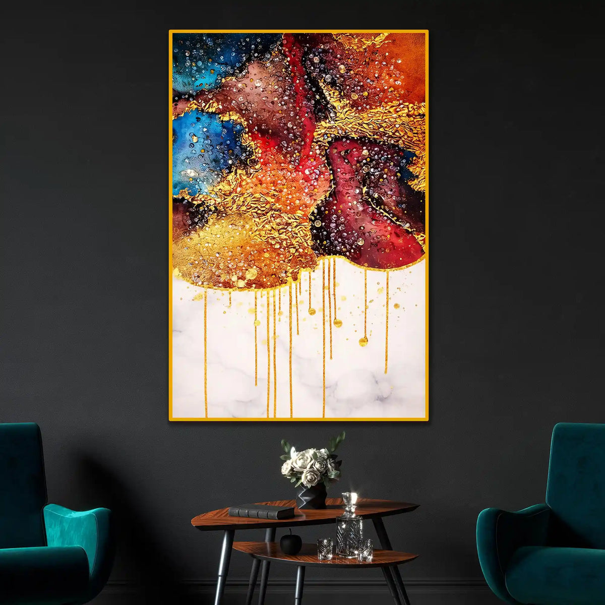Gold Drip Abstract Art Floating Frame Crystal Wall Painting