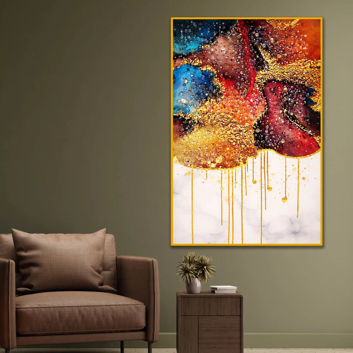 Gold Drip Abstract Art Floating Frame Crystal Wall Painting