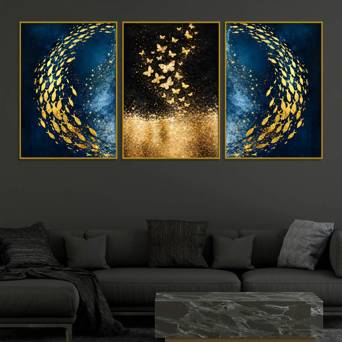 Gold Fish Swirl on Cosmic Ocean & Butterflies in Golden Stars Floating Frame Crystal Wall Painting Set of 3