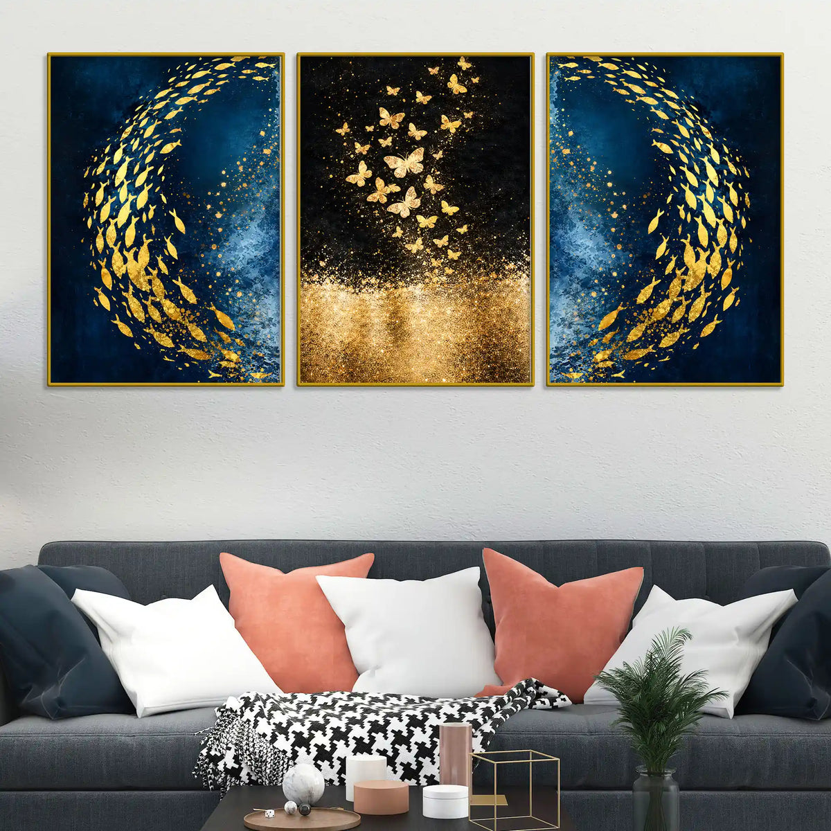Gold Fish Swirl on Cosmic Ocean & Butterflies in Golden Stars Floating Frame Crystal Wall Painting Set of 3