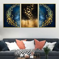 Gold Fish Swirl on Cosmic Ocean & Butterflies in Golden Stars Floating Frame Crystal Wall Painting Set of 3