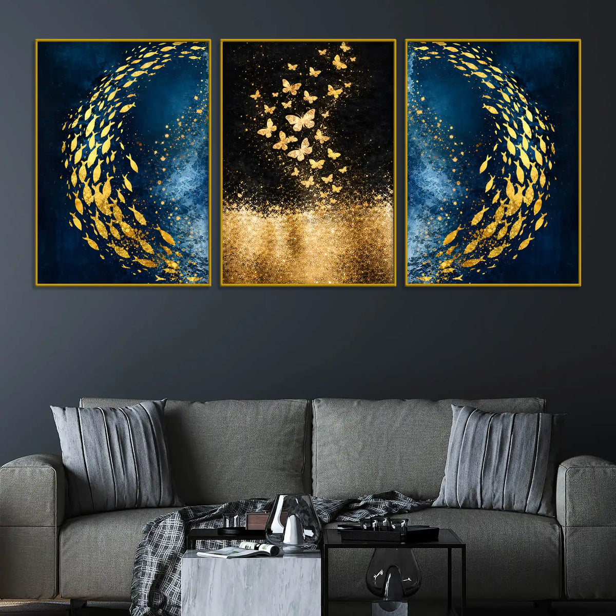Gold Fish Swirl on Cosmic Ocean & Butterflies in Golden Stars Floating Frame Crystal Wall Painting Set of 3