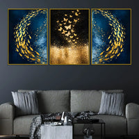 Gold Fish Swirl on Cosmic Ocean & Butterflies in Golden Stars Floating Frame Crystal Wall Painting Set of 3