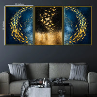 Gold Fish Swirl on Cosmic Ocean & Butterflies in Golden Stars Floating Frame Crystal Wall Painting Set of 3
