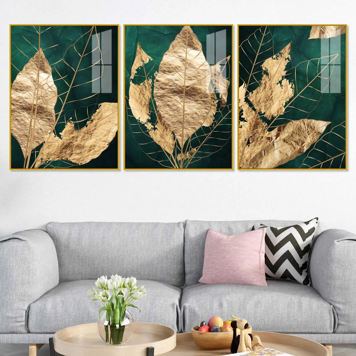Gold Foil Leaves Acrylic Floating Frame Wall Painting Set of 3