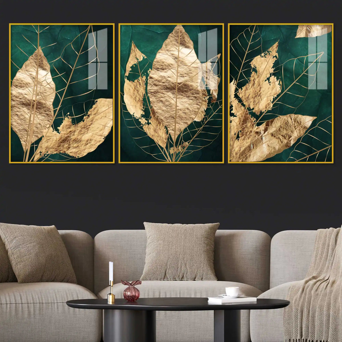 Gold Foil Leaves Acrylic Floating Frame Wall Painting Set of 3