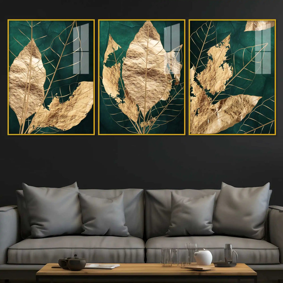 Gold Foil Leaves Acrylic Floating Frame Wall Painting Set of 3