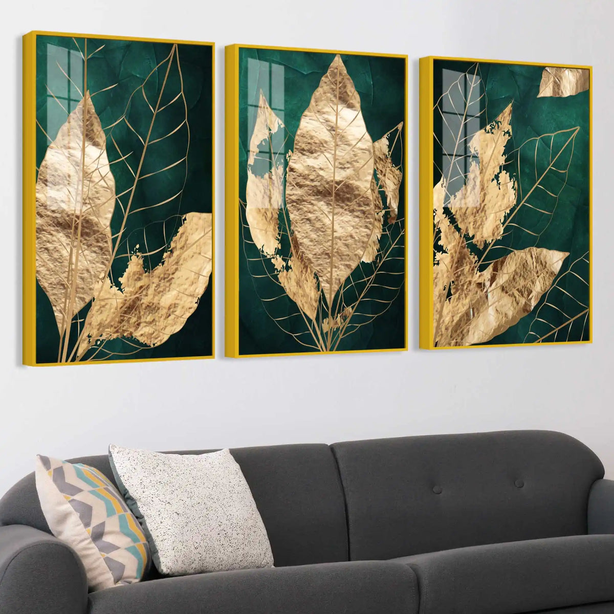 Gold Foil Leaves Acrylic Floating Frame Wall Painting Set of 3