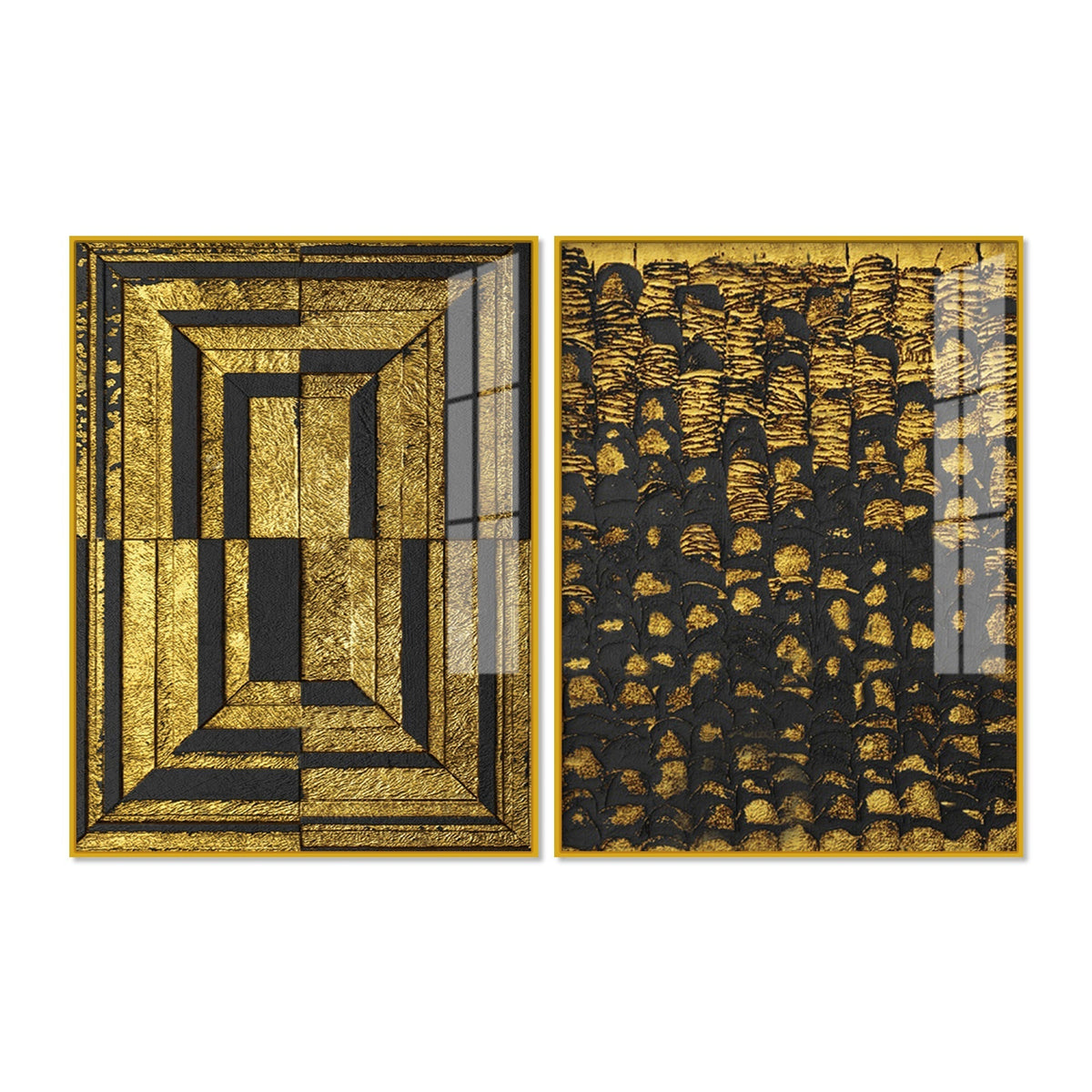 Golden Abstract Artistic Shapes Art Acrylic Floating Wall Painting Set Of 2