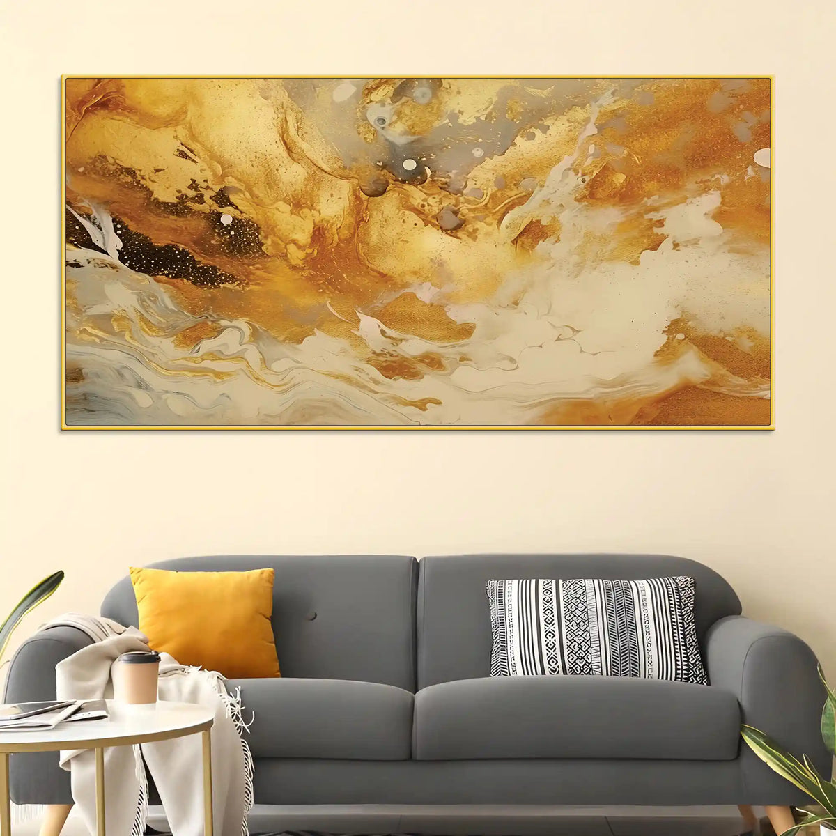 Golden Abstract Fluid Art Canvas Wall Painting for Home & Office