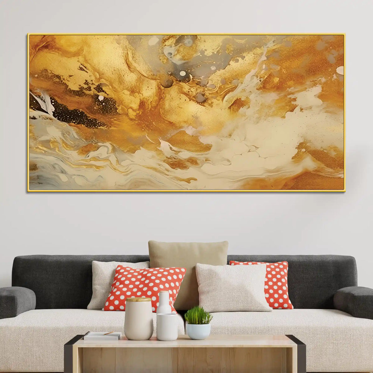 Golden Abstract Fluid Art Canvas Wall Painting for Home & Office
