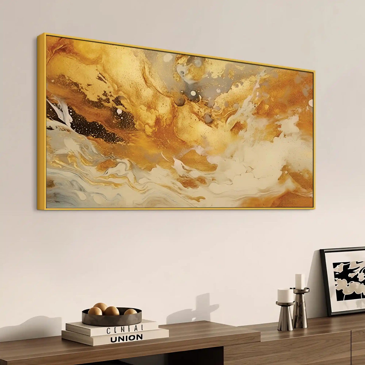 Golden Abstract Fluid Art Canvas Wall Painting for Home & Office