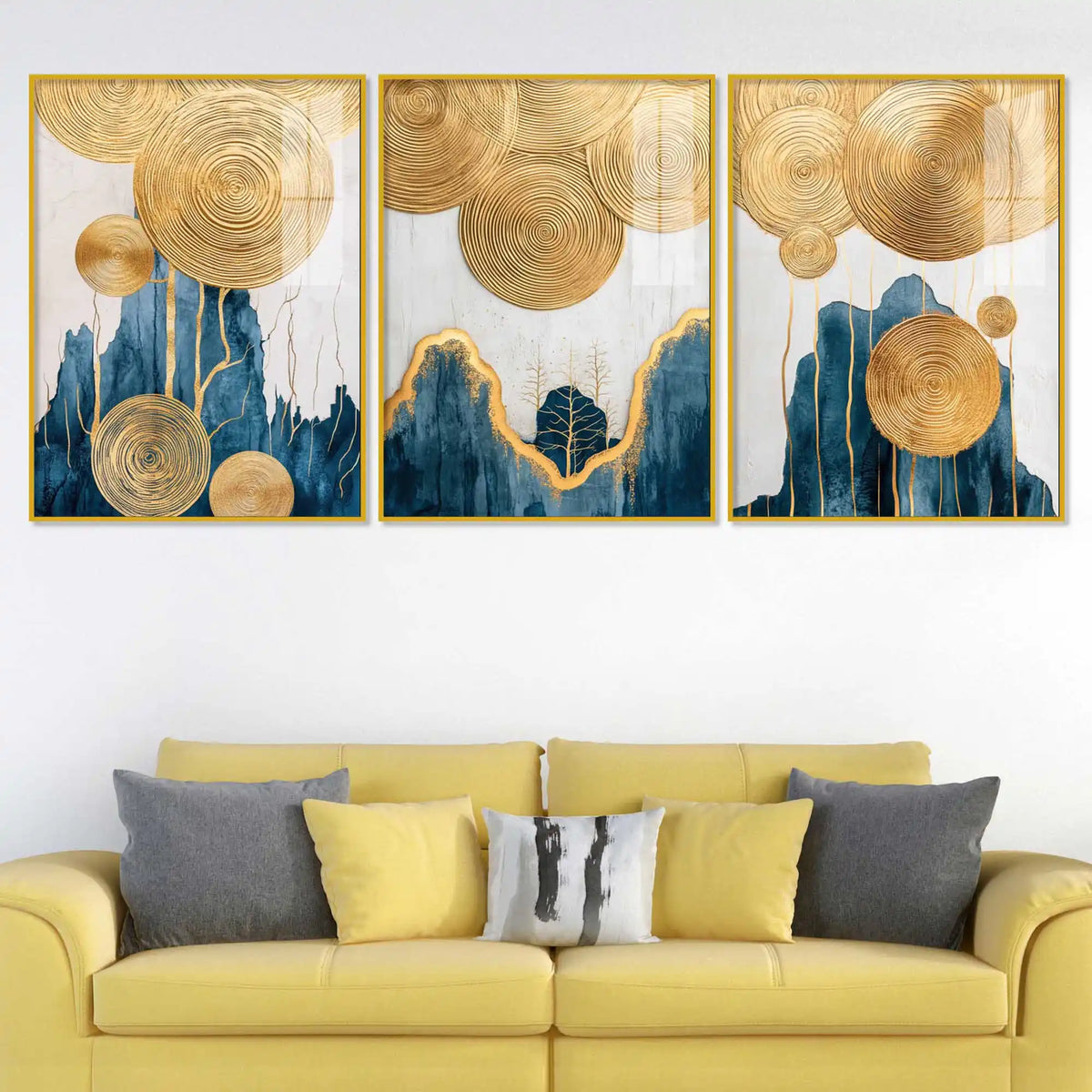 Golden Abstract Serenity Acrylic Floating Frame Wall Painting Set of 3
