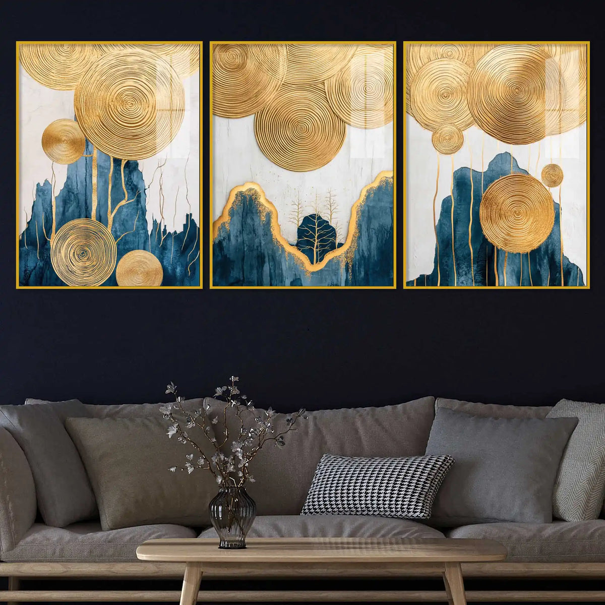 Golden Abstract Serenity Acrylic Floating Frame Wall Painting Set of 3