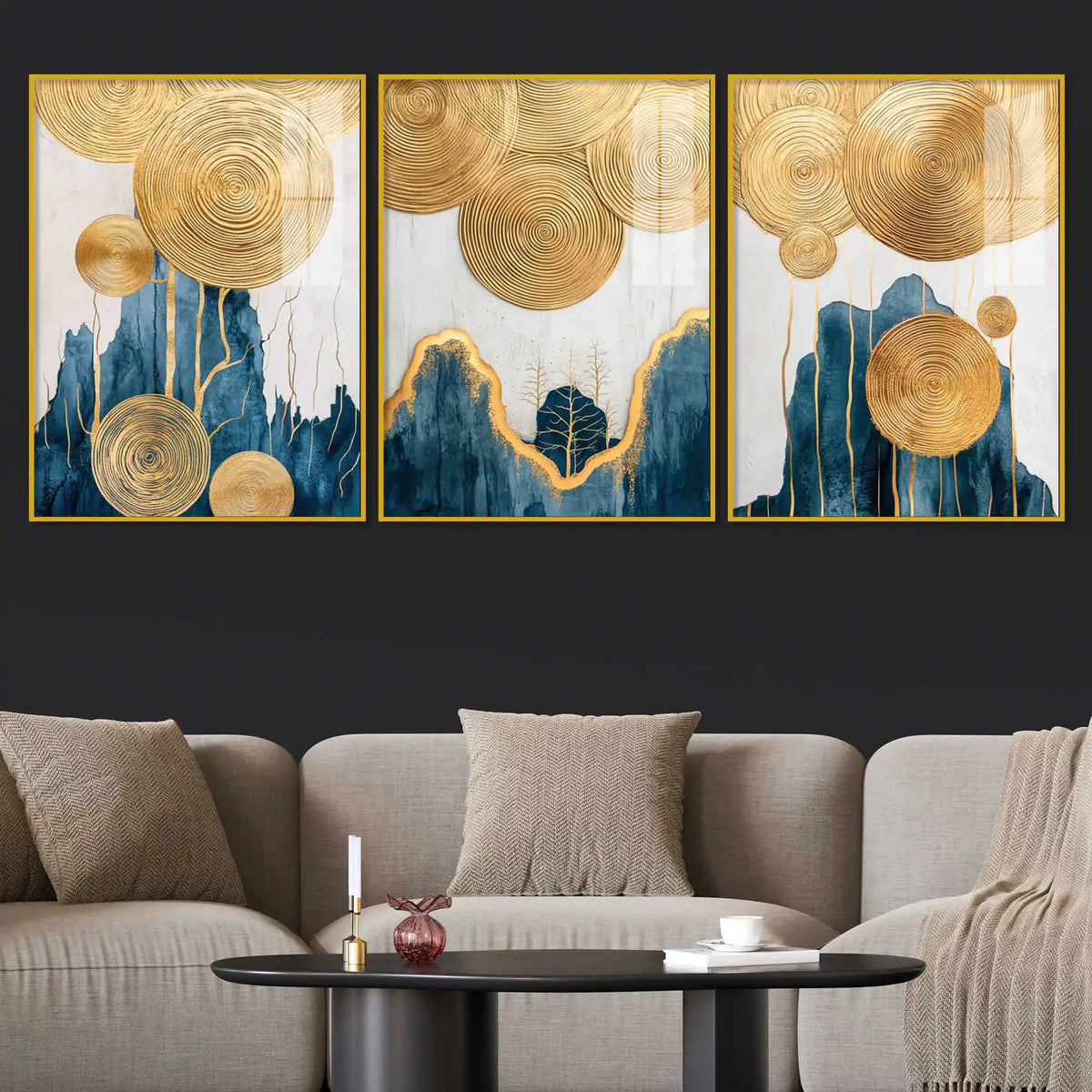 Golden Abstract Serenity Acrylic Floating Frame Wall Painting Set of 3