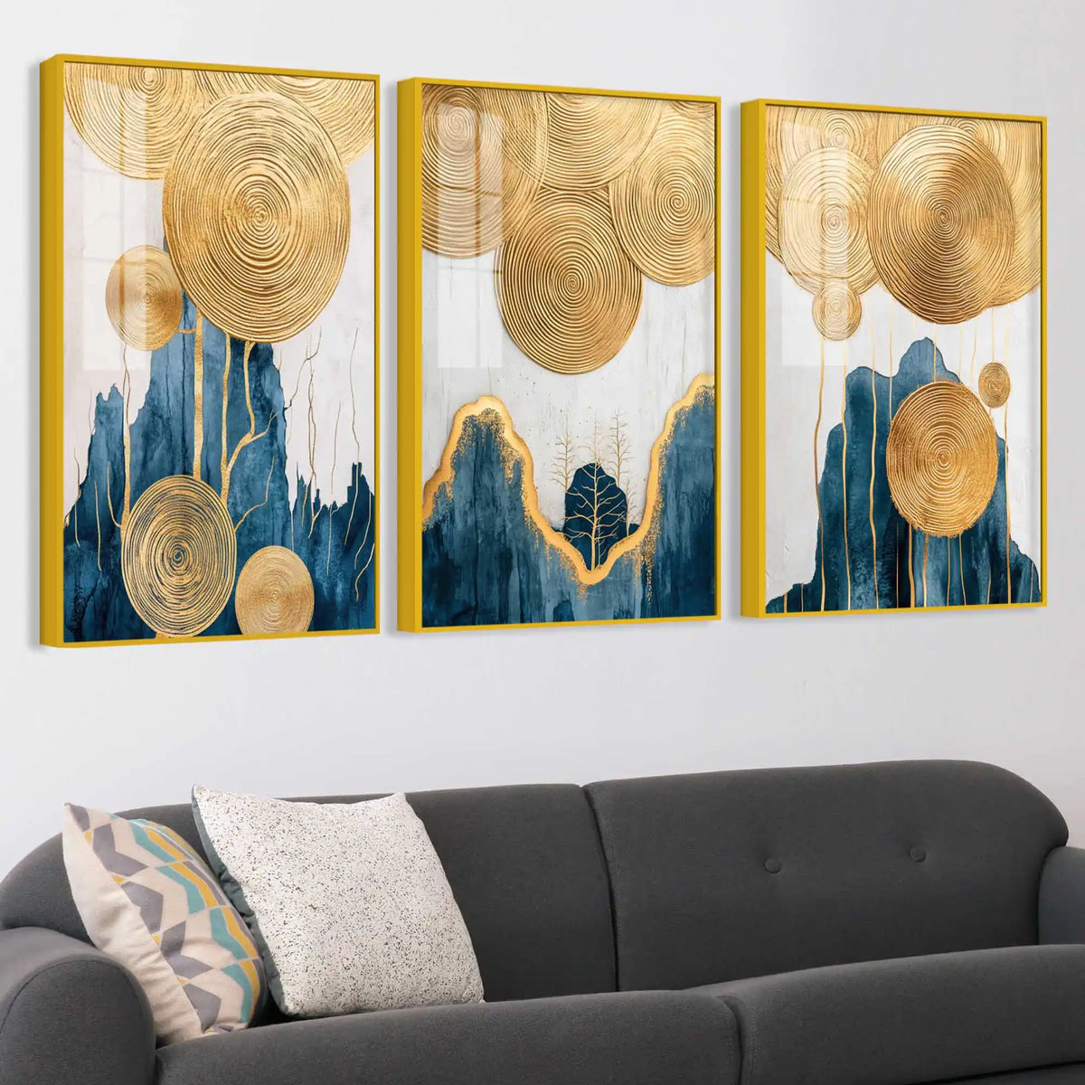 Golden Abstract Serenity Acrylic Floating Frame Wall Painting Set of 3