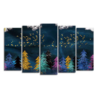 Golden Birds Flying over The Dark Forest Wall Painting of Five Pieces