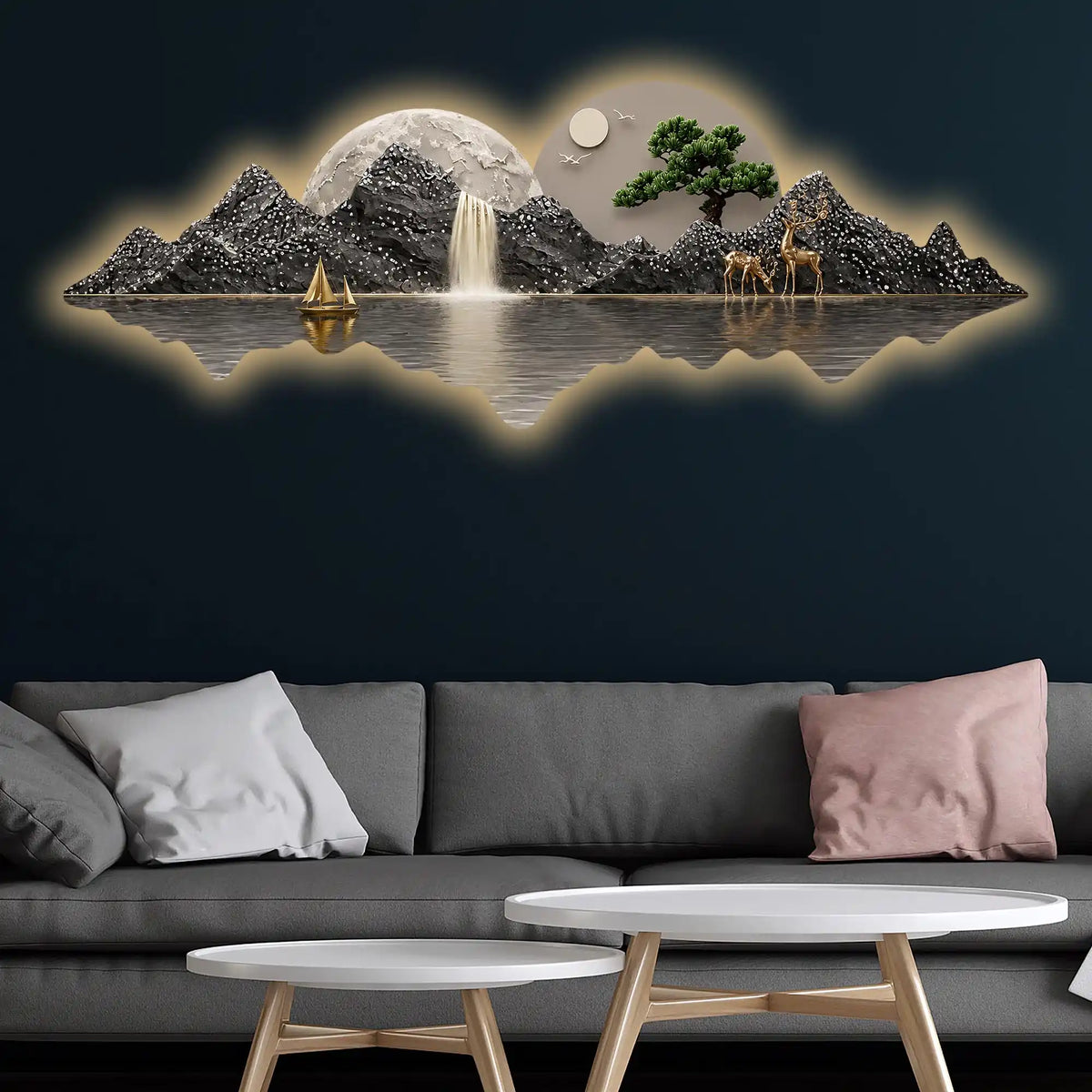 Golden Boat Mountain Waterfall Premium Crystal Glass Backlit LED Wall Art
