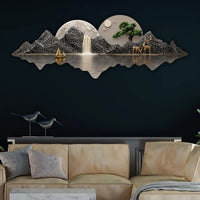 Golden Boat Mountain Waterfall Premium Crystal Glass Backlit LED Wall Art