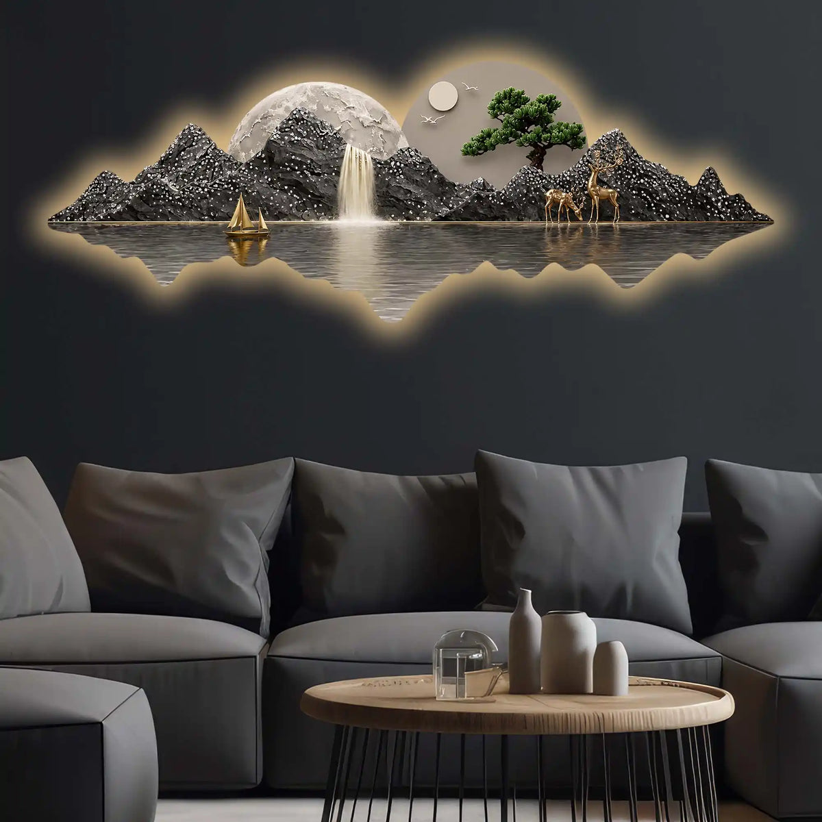 Golden Boat Mountain Waterfall Premium Crystal Glass Backlit LED Wall Art
