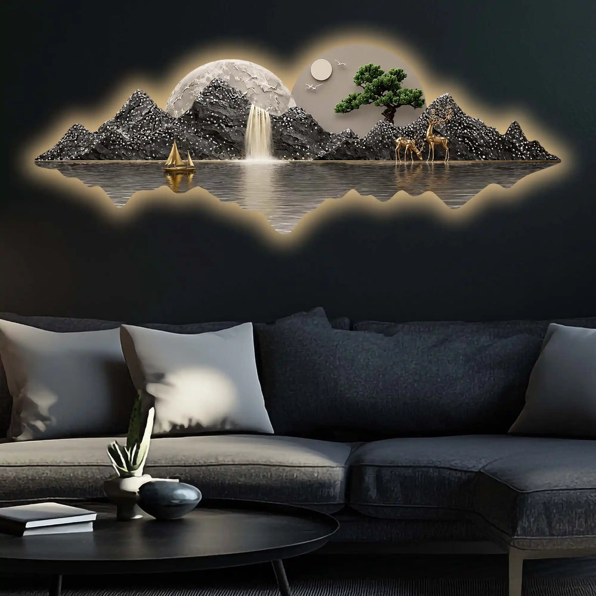 Golden Boat Mountain Waterfall Premium Crystal Glass Backlit LED Wall Art