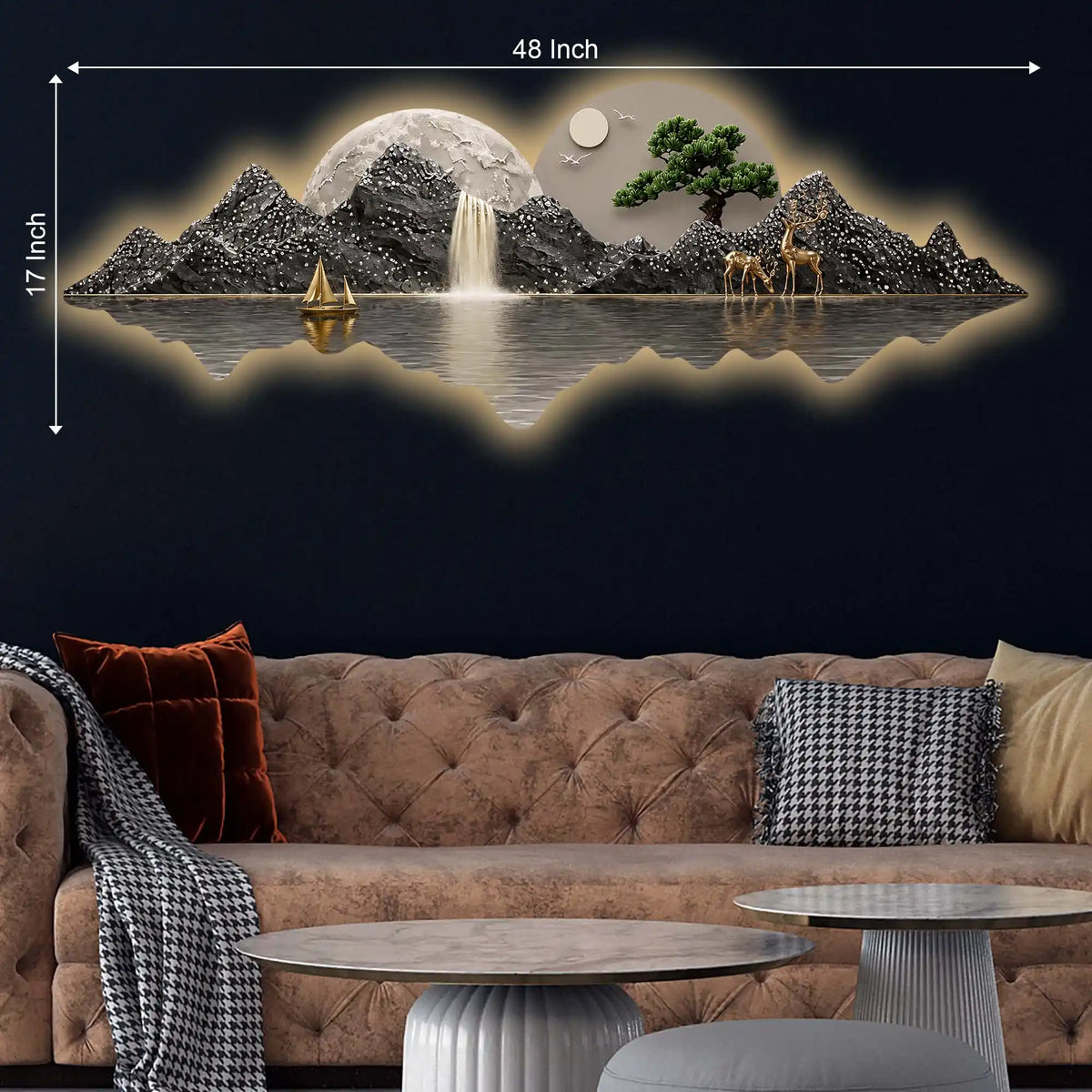 Golden Boat Mountain Waterfall Premium Crystal Glass Backlit LED Wall Art